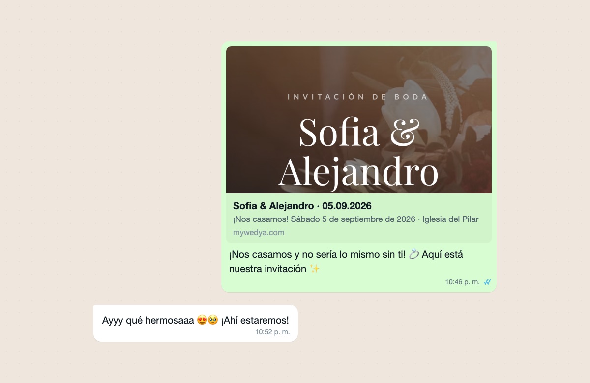 Invitación de boda digital enviada por WhatsApp con vista previa de la foto de portada y los nombres de la pareja